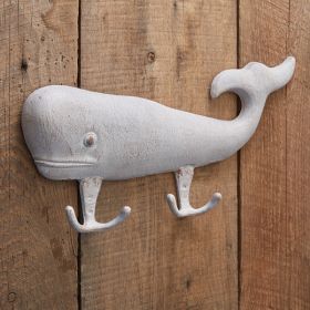 Whitewashed Cast Iron Whale with Double Hooks