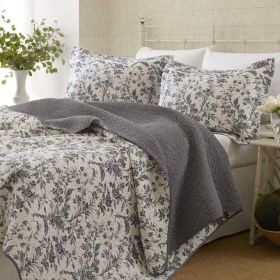 Twin 100% Cotton 2-Piece Quilt Set with Sham in Gray White Floral Pattern