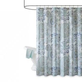 72-inch Cotton Shower Curtain with Blue Watercolor Paisley Floral Motif