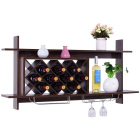 Walnut Wall Mount Holds 10 Wine Rack with Glass Holder Storage Shelf