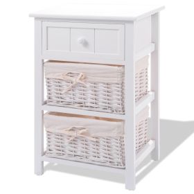 White Wood 1-Drawer End Table Nightstand with 2 Baskets