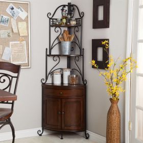 Corner Bakers Rack with Wrought Iron Frame and Wood Storage Shelves