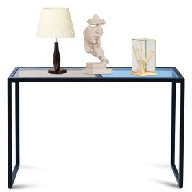 Iron Frame Console Sofa Table with Blue and Tan Tempered Glass Top