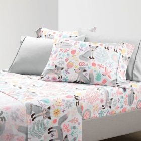 Twin size Pink Grey White Teal Floral Fox Birds Soft Polyester 4 Piece Sheet Set