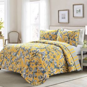 Full-Queen Yellow Blue Peacocks Floral Lightweight Polyester 3-Piece Quilt Set