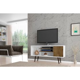 Manhattan Comfort Liberty 53.14" Mid-Century Modern TV Stand with 5 Shelves and 1 Door in White and Rustic Brown with Solid Wood Legs