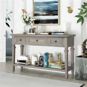 Classic Retro Style Console Table with Three Top Drawers and Open Style Bottom Shelf, Easy Assembly (Gray Wash)