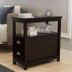 furniture-Bedroom-End Table Narrow Nightstand With Two Drawers And Open Shelf-Brown