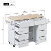 Store Kitchen Cart with Rubber Wood Countertop , Kitchen Island has 8 Handle-Free Drawers Including a Flatware Organizer and 5 Wheels for Kitchen Dinn