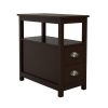 furniture-Bedroom-End Table Narrow Nightstand With Two Drawers And Open Shelf-Brown