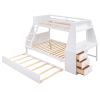 Twin over Full Bunk Bed with Trundle and Built-in Desk, Three Storage Drawers and Shelf,White