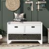 Storage Bench with Removable Basket and 2 Drawers, Fully Assembled Shoe Bench with Removable Cushion (White)