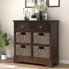 Rustic Storage Cabinet with Two Drawers and Four Classic Rattan Basket for Dining Room/Living Room (Espresso)