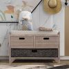 Storage Bench with Removable Basket and 2 Drawers, Fully Assembled Shoe Bench with Removable Cushion (White Washed)