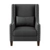 Traditional Accent Chair with Pillow Nail head Trim Dark Gray Polyester Upholstered Solid Wood Furniture Modern Living Room Chair