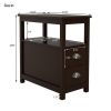 furniture-Bedroom-End Table Narrow Nightstand With Two Drawers And Open Shelf-Brown